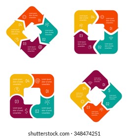Set of vector connected square infographic diagrams. Circular charts with 4 options. Paper progress steps for tutorial. Business concept sequence banners. EPS10 four parts workflow layouts.