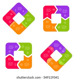 Set of vector connected square infographic diagrams. Circular charts with 4 options. Paper progress steps for tutorial. Business concept sequence banners. EPS10 four parts workflow layouts.