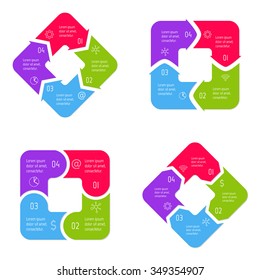 Set of vector connected square infographic diagrams. Circular charts with 4 options. Paper progress steps for tutorial. Business concept sequence banners. EPS10 four parts workflow layouts.