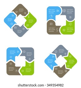 Set of vector connected square infographic diagrams. Circular charts with 4 options. Paper progress steps for tutorial. Business concept sequence banners. EPS10 four parts workflow layouts.
