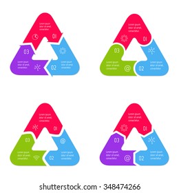 Set of vector connected triangular infographic diagrams. Circular charts with 3 options. Paper progress steps for tutorial. Business concept sequence banners. EPS10 three parts workflow layouts.