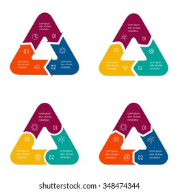 Set of vector connected triangular infographic diagrams. Circular charts with 3 options. Paper progress steps for tutorial. Business concept sequence banners. EPS10 three parts workflow layouts.