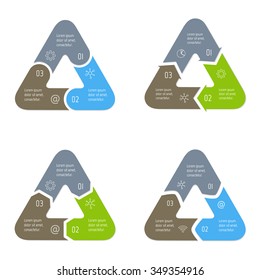 Set of vector connected triangular infographic diagrams. Circular charts with 3 options. Paper progress steps for tutorial. Business concept sequence banners. EPS10 three parts workflow layouts.