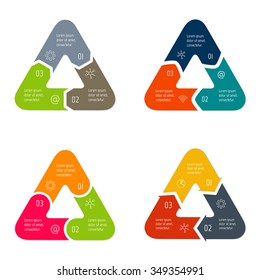 Set of vector connected triangular infographic diagrams. Circular charts with 3 options. Paper progress steps for tutorial. Business concept sequence banners. EPS10 three parts workflow layouts.