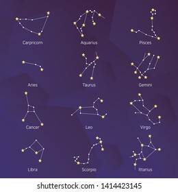 Set of vector constellations, collection of 12 zodiac signs with titles. Vector.