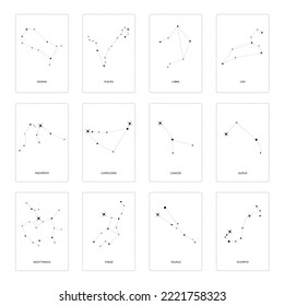 Conjunto de constelaciones vectoriales del hemisferio norte y sur - Ursa Menor y Mayor, Pegasus, Cassiopea y otros. Toda la constelación principal con nombres de estrellas y constelaciones. mapa del cielo