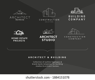 Set of vector construction company brand design templates. Building company and architect bureau insignia, logo illustration isolated on black background. White stroke, line art.