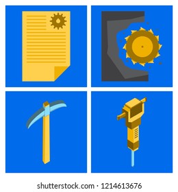 Set of vector construction and industrial icons. Mining and digging tools. helmet, paint, crane, wall, truck, jackhammer, and more. Editable Stroke