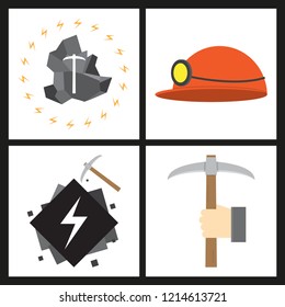 Set of vector construction and industrial icons. Mining and digging tools. helmet, paint, crane, wall, truck, jackhammer, and more. Editable Stroke