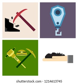 Set of vector construction and industrial icons. Mining and digging tools. helmet, paint, crane, wall, truck, jackhammer, and more. Editable Stroke