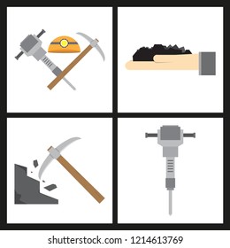 Set of vector construction and industrial icons. Mining and digging tools. helmet, paint, crane, wall, truck, jackhammer, and more. Editable Stroke