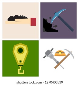Set of vector construction and industrial icons. Mining and digging tools. helmet, paint, crane, wall, truck, jackhammer, and more. Editable Stroke