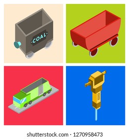 Set of vector construction and industrial icons. Mining and digging tools. helmet, paint, crane, wall, truck, jackhammer, and more. Editable Stroke