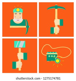Set of vector construction and industrial icons. Mining and digging tools. helmet, paint, crane, wall, truck, jackhammer, and more. Editable Stroke