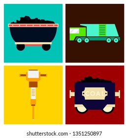 Set of vector construction and industrial icons. Mining and digging tools. helmet, paint, crane, wall, truck, jackhammer, and more. Editable Stroke