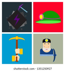 Set of vector construction and industrial icons. Mining and digging tools. helmet, paint, crane, wall, truck, jackhammer, and more. Editable Stroke