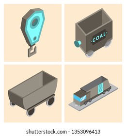 Set of vector construction and industrial icons. Mining and digging tools. helmet, paint, crane, wall, truck, jackhammer, and more. Editable Stroke