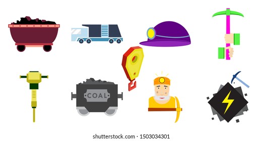 Set of vector construction and industrial icons. Mining and digging tools. helmet, paint, crane, wall, truck, jackhammer, and more. Editable Stroke