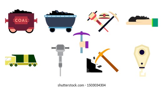 Set of vector construction and industrial icons. Mining and digging tools. helmet, paint, crane, wall, truck, jackhammer, and more. Editable Stroke