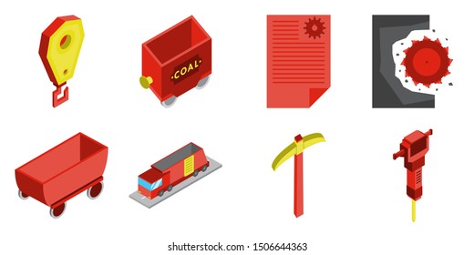 Set of vector construction and industrial icons. Mining and digging tools. helmet, paint, crane, wall, truck, jackhammer, and more. Editable Stroke