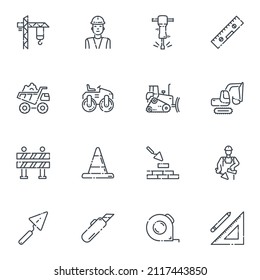 Set of vector construction line icons isolated on white transparent background.