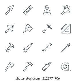 Set of vector construction line icons isolated on white transparent background.