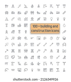 Set of vector construction line icons isolated on white transparent background.