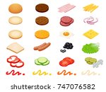 Set vector constructor isometric Burger ingredients and burger buns isolated on white background. Ham, cheese, egg, onion, tomato, cucumber, mushrooms, radishes, salad, cutlet, potato and pepper
