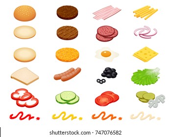 Set vector constructor isometric Burger ingredients and burger buns isolated on white background. Ham, cheese, egg, onion, tomato, cucumber, mushrooms, radishes, salad, cutlet, potato and pepper