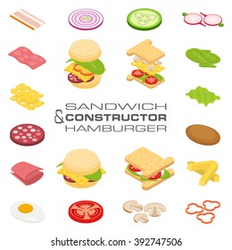 Set vector constructor isometric sandwich and hamburger ingredients: ham, cheese, egg, onion, tomato, cucumber, mushrooms, radishes, salad, cutlet, potato and pepper