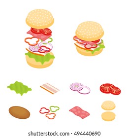 Set vector constructor isometric sandwich and hamburger ingredients: ham, cheese, egg, onion, tomato, cucumber, mushrooms, radishes, salad, cutlet, potato and pepper