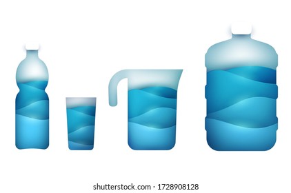 Set of vector containers different shapes with blue clear water isolated on white background. Abstract art composition in modern geometric style. Minialistic concept design template for branding. 