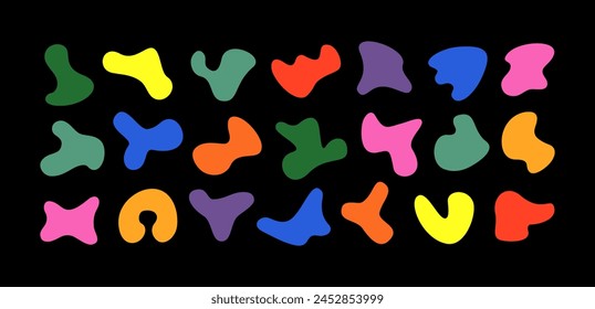 Conjunto de Formas de ameba infantil contemporáneo de Vector. Kit de Elementos de diseño de forma libre. Formas líquidas para collage en colores vivos sobre negro. Patrón abstracto de forma libre de biología de fluidos orgánicos inspirado en Matisse