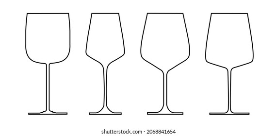 A set of vector contour of various wine glasses. A collection of black insulated wine glasses.
