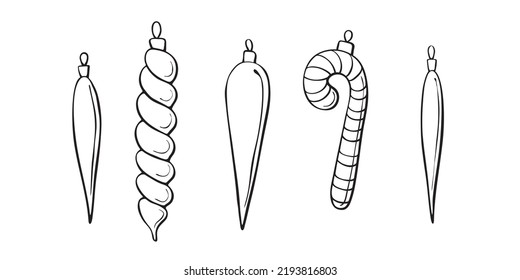 Set of vector contoured glass long hanging toys for xmas tree,doodle style. Clipart for Merry Christmas and New Year