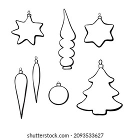 Set of vector contoured glass toys, decorations for xmas tree, doodle style. Clipart for Merry Christmas and New Year