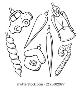 Set of vector contoured glass toys, decorations for xmas tree, doodle style. Clipart for Merry Christmas and New Year
