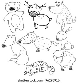 set of vector contours of toy  toy rabbit, deer, bear, wolf, cat, dog, fox, sheep, Coloring