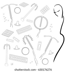 Set of vector contraceptives drawn for women, choice of intrauterine devices, pills, rings, vaginal suppositories to prevent pregnancy and the silhouette of a woman in black line and white background