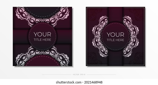 Set of Vector cooking postcards in burgundy color with vintage patterns. Template for print design invitation card with mandala ornament.