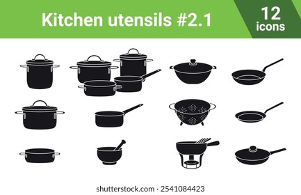 Conjunto de pictogramas de herramientas de cocina de Vector. Iconos de utensilios de cocina: cazo, cucharón, wok con tapa, sartenes, sartén con tapa, cacerola para panqueques, colador, mortero y mortero, fondue, conjunto de cacerolas