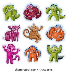 Set of vector cool cartoon monsters, colorful weird creatures. Clipart mythic characters for use in graphic design and as mascot. Vector drawing of cat playing, cute animal illustration. 