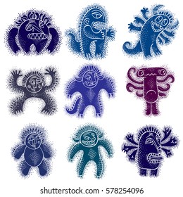 Set of vector cool cartoon monsters, colorful weird creatures. Clipart mythic characters for use in graphic design and as mascot. 