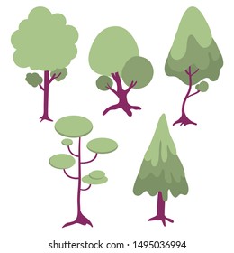 set of vector cool comical and modern design trees 