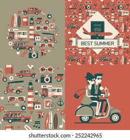 Set of vector cool flat seamless wrapping paper pattern and design elements on best summer travel vacation sight seeing and exotic destinations. Ideal for party invitations greeting cards and posters