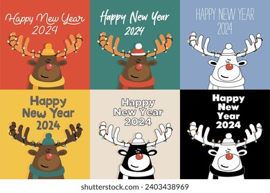 Set of vector cool and Funny Christmas deer. digital poster with congratulations for holliday party poster concert or festival cover or greeting card