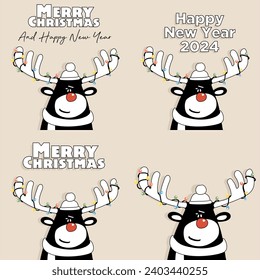 Set von Vektorkühl und Funny Weihnachtsreh. digitales Poster mit Gratulation für das Holliday Party Poster Konzert oder Festivaldeckel oder Grußkarte