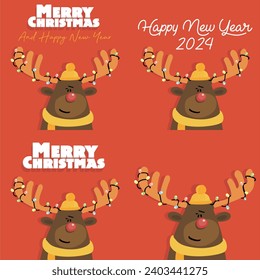 Set of vector cool and Funny Christmas deer. digital poster with congratulations for holliday party poster concert or festival cover or greeting card