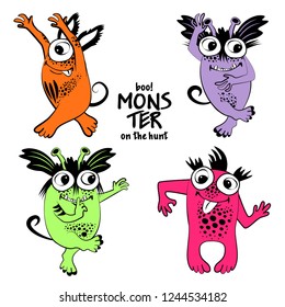 Set of vector cool monsters. Hand drawn illustration of angry cartoon monsters. 2