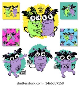 Set of vector cool monsters and seamless patterns. Pretty angry cartoon monsters. Print on T-shirts, bags and other fashion products. Design children's clothing and accessories.